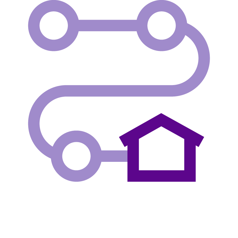 Purple icon on white background of meandering path toward a house