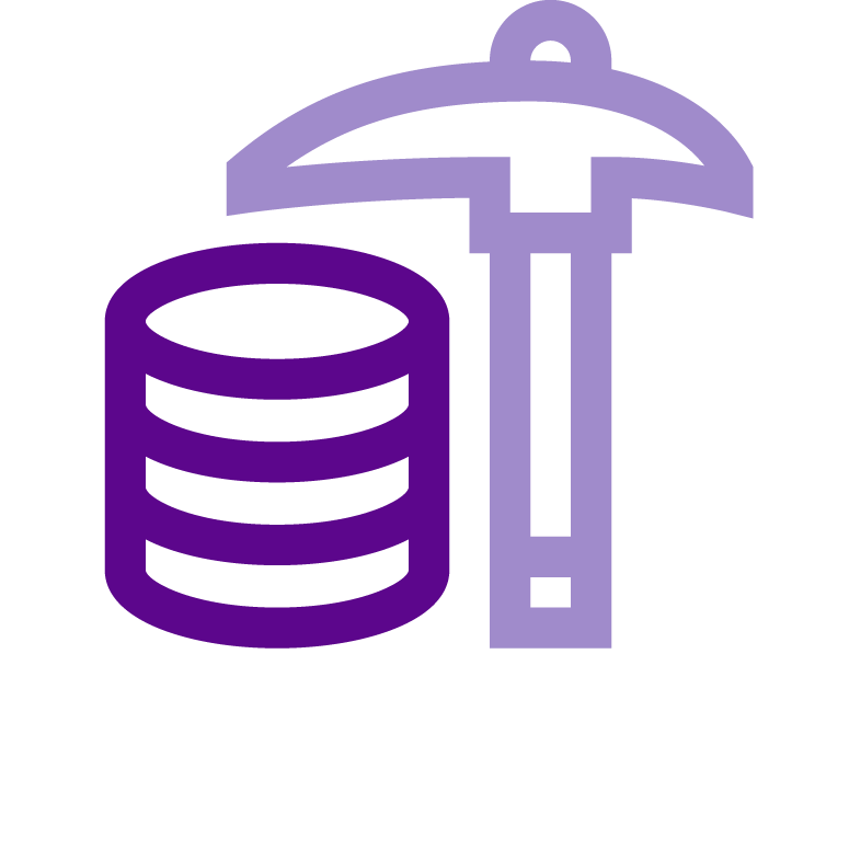 Purple icon on white background of a pickaxe and a barrel.