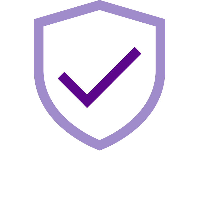 Purple icon on white background of shield with checkmark in the center.