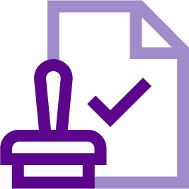 Purple icon on white background of outlined rubber stamp and check-marked document