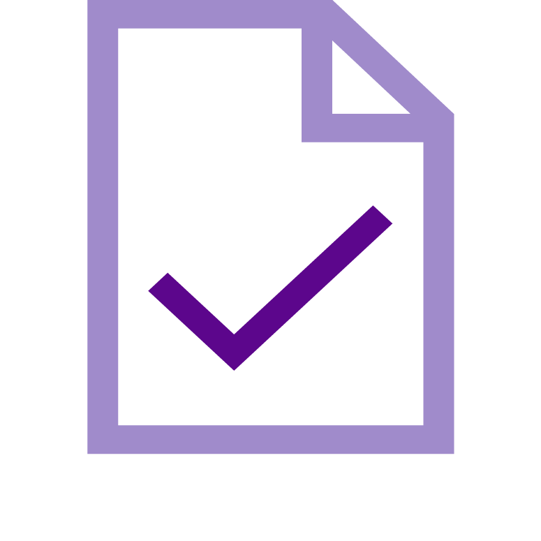 Purple icon on white background of a document with a folded corner and check-mark in the center