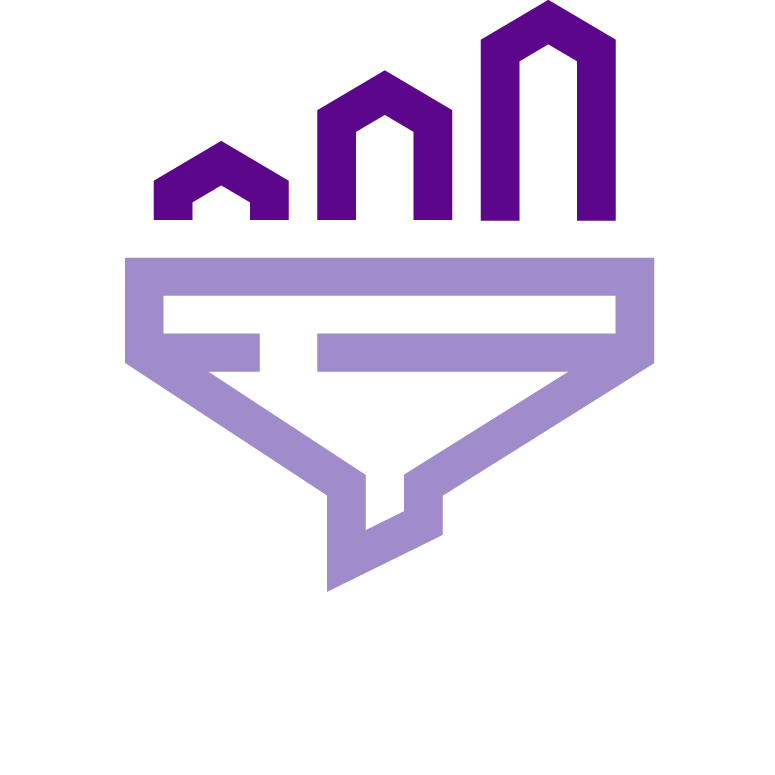 Purple icon on white background of buildings sitting on top of a funnel.