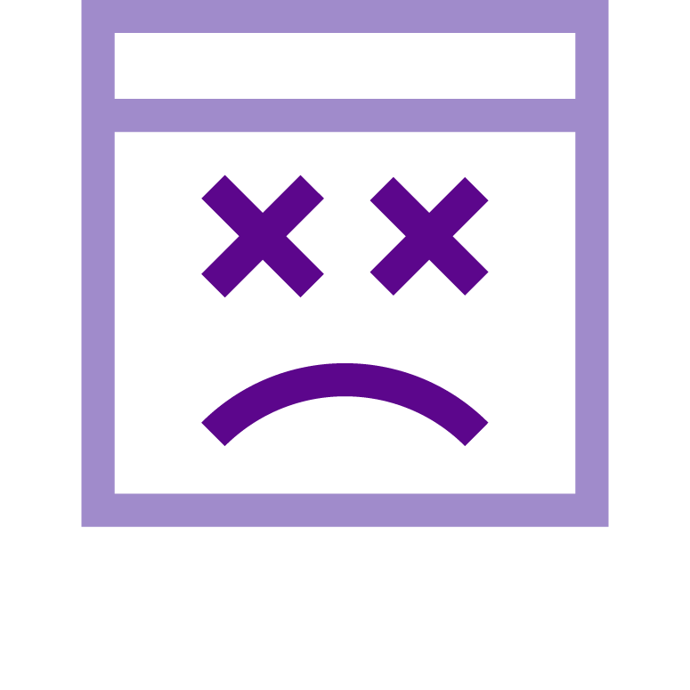 Purple icon on white background of a box with a unhappy smile and X for eyes