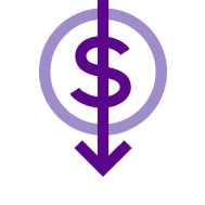 Purple icon on white background of circle with a dollar sign in the center and a arrow pointing down.