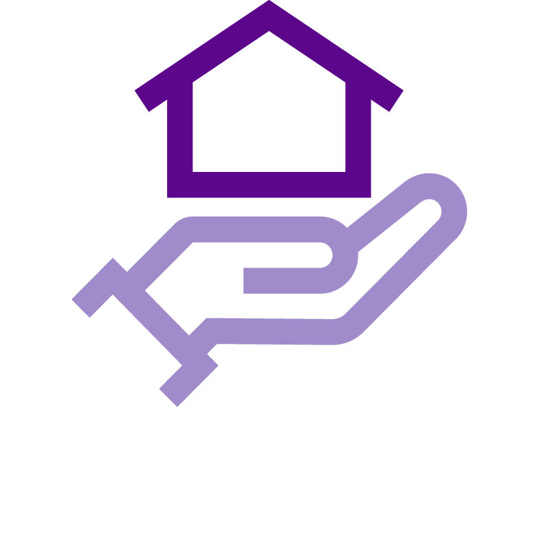 Purple icon on white background of a hand holding a small house