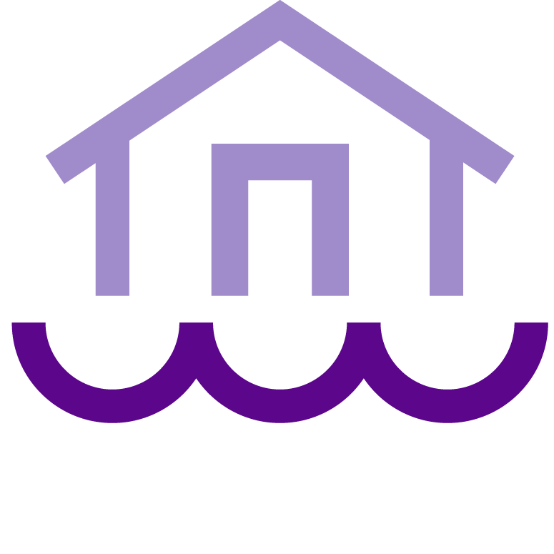Purple icon on white background of a house floating on water