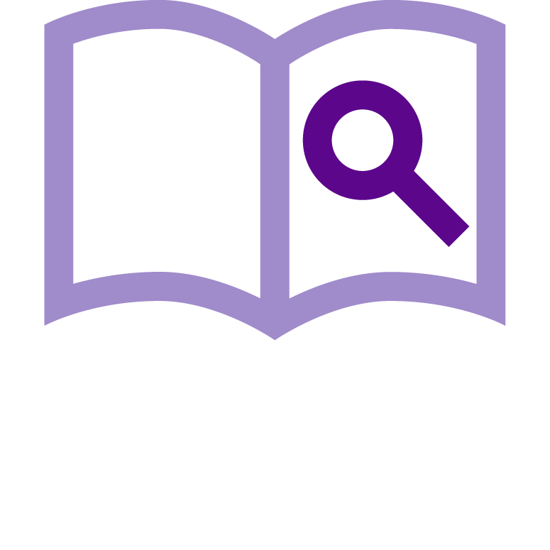 Purple icon on white background of open book with magnifying glass