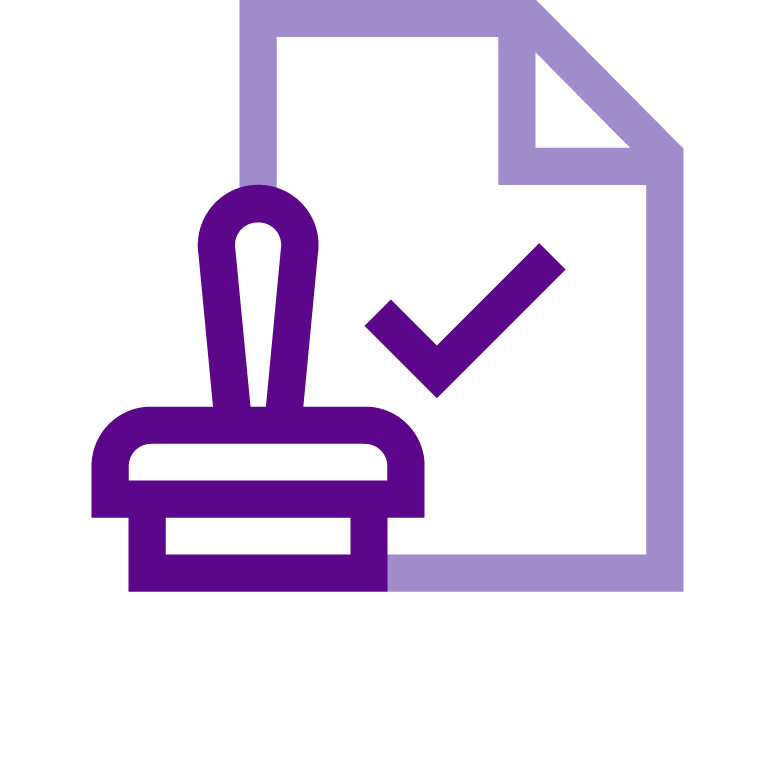 Purple icon on white background of outlined rubber stamp and check-marked document