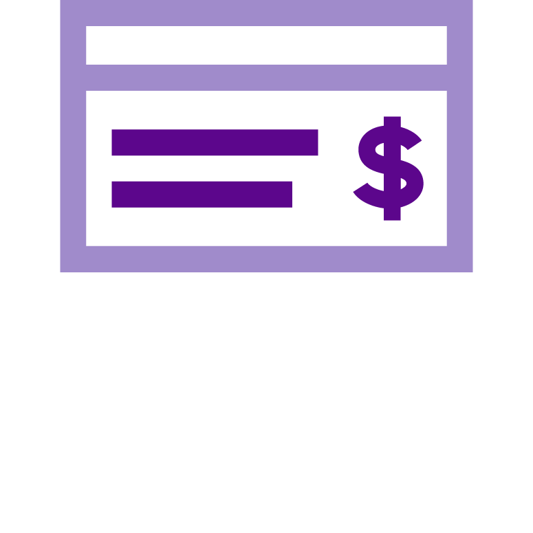 Purple icon on white background of check with dollar sign