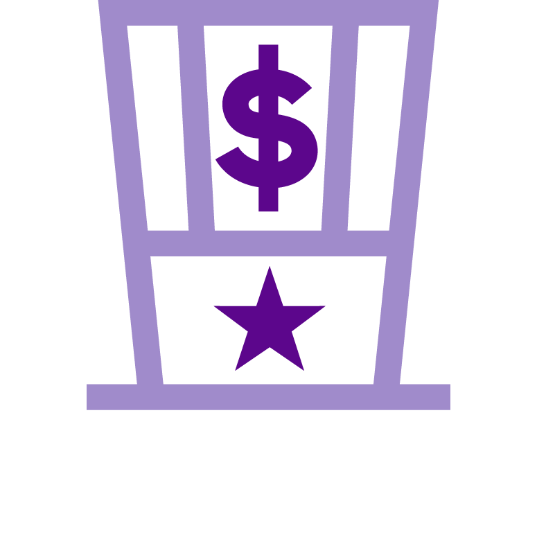 Purple icon on white background of top hat with dollar sign and star