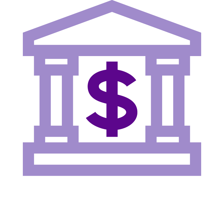 Purple icon on white background of monument with dollar sign inside