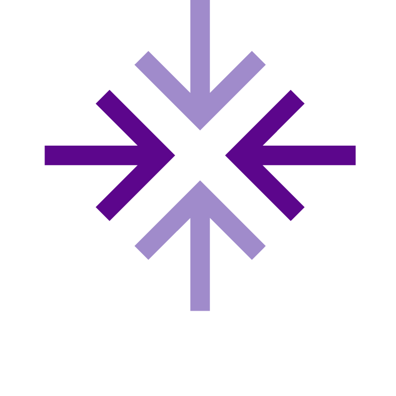 Purple icon on white background of four arrows pointing inward